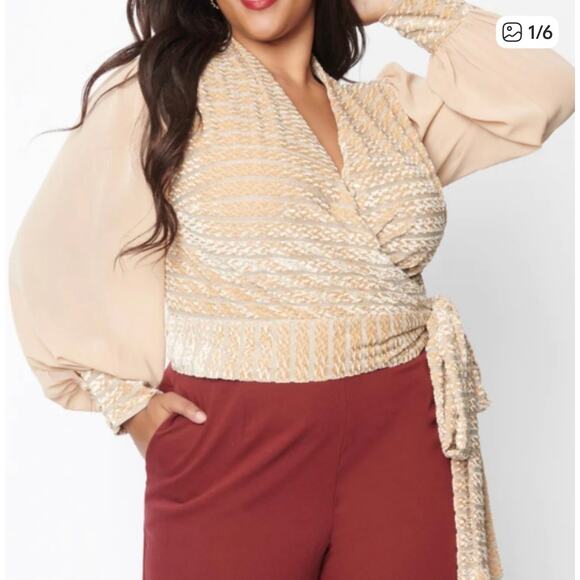 Unique Vintage Beige Stripe Velvet Wrap Top 4X NWT - Picture 1 of 7